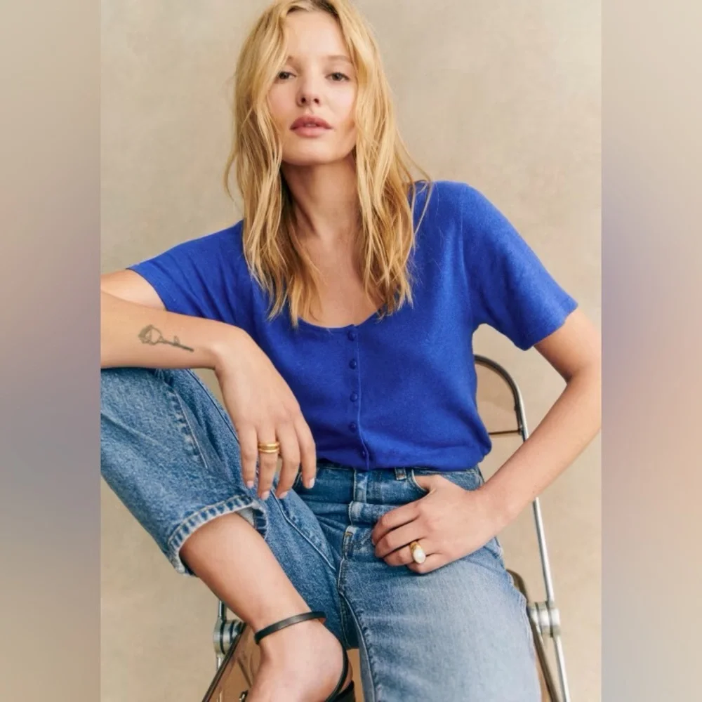 Sezane Milo T-Shirt in Ecru/Navy Striped, Size S - Picture 3 of 11